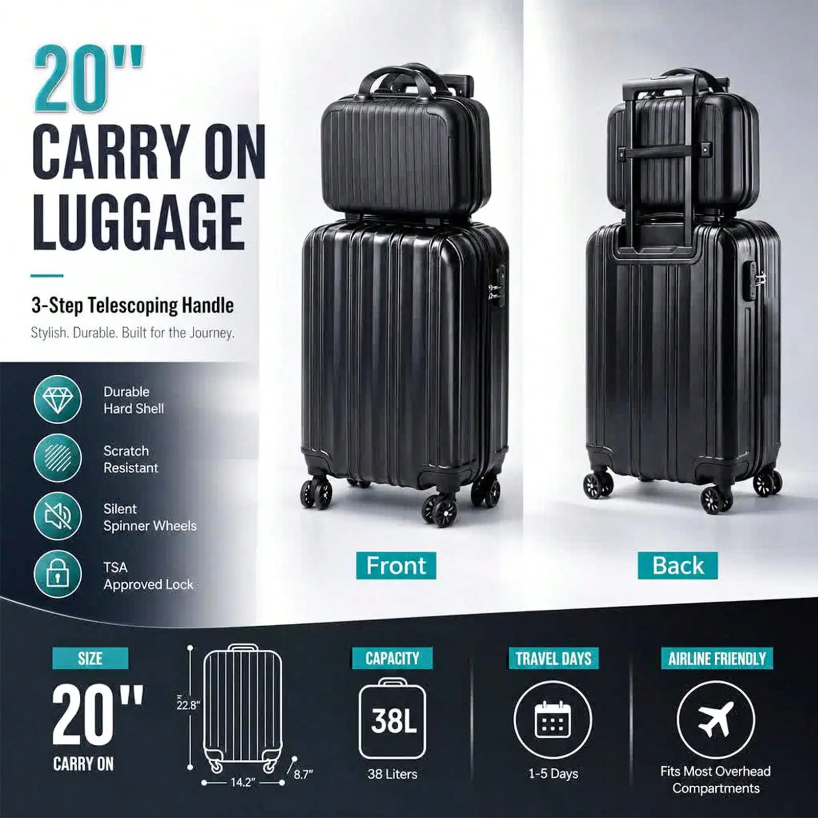 2-Piece Hardside Luggage Set, Vertical Stripe Spinner Suitcase with Matching Carry On Case, Lightweight Rolling Travel Luggage Equipped with TSA Lock, Smooth 360° Spinner Wheels, Durable Travel Set for Weekend Getaways, Business Trips and Family Vacation