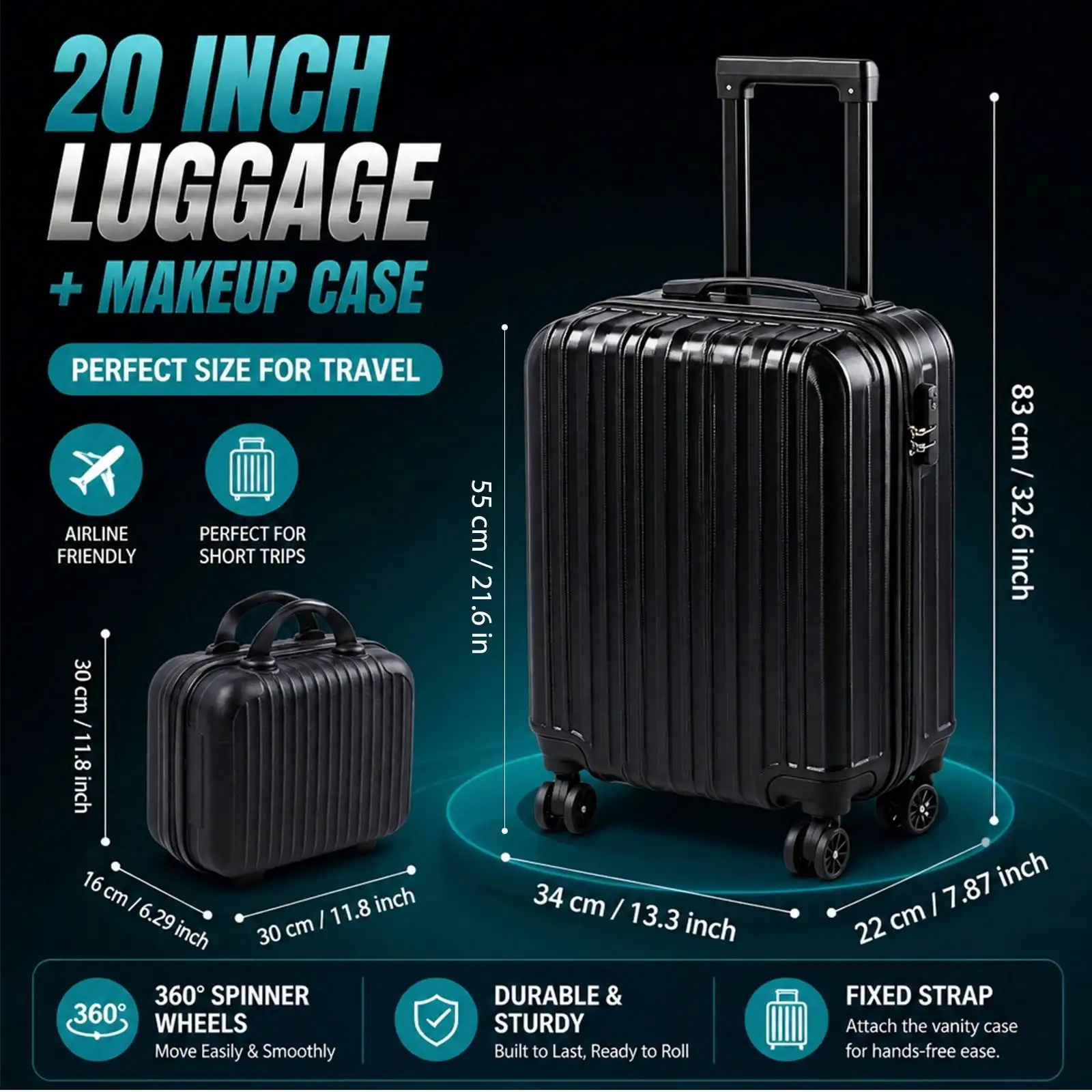 2-Piece Hardside Luggage Set, Vertical Stripe Spinner Suitcase with Matching Carry On Case, Lightweight Rolling Travel Luggage Equipped with TSA Lock, Smooth 360° Spinner Wheels, Durable Travel Set for Weekend Getaways, Business Trips and Family Vacation