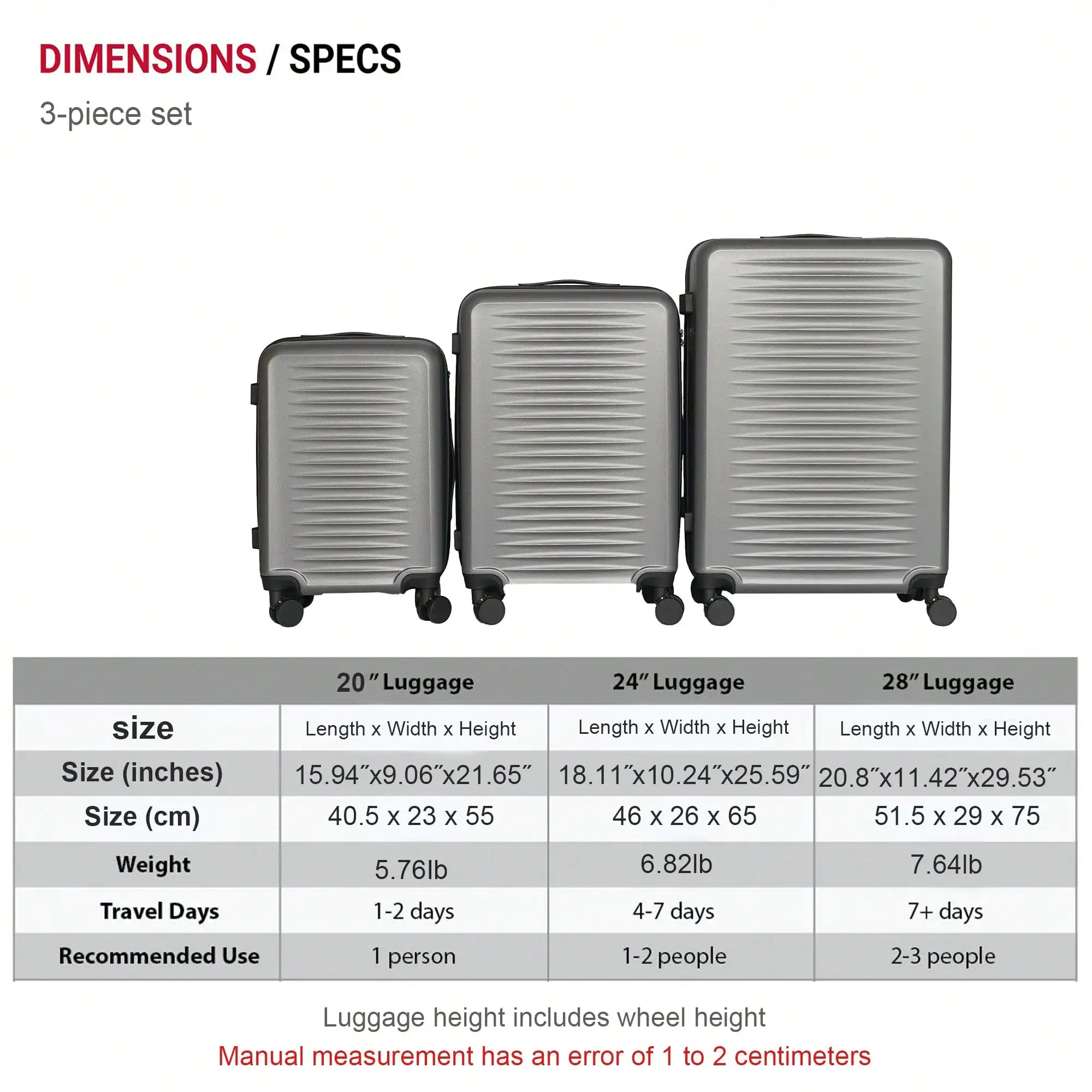 3 Piece Luggage Sets, Hard Shell Lightweight Carry On Suitcase with 360° Spinner Wheels, Durable Rolling Hardside Travel Suitcase Set for Men Women, 20/24/28 Inch Trolley Luggage for Business Vacation Trip