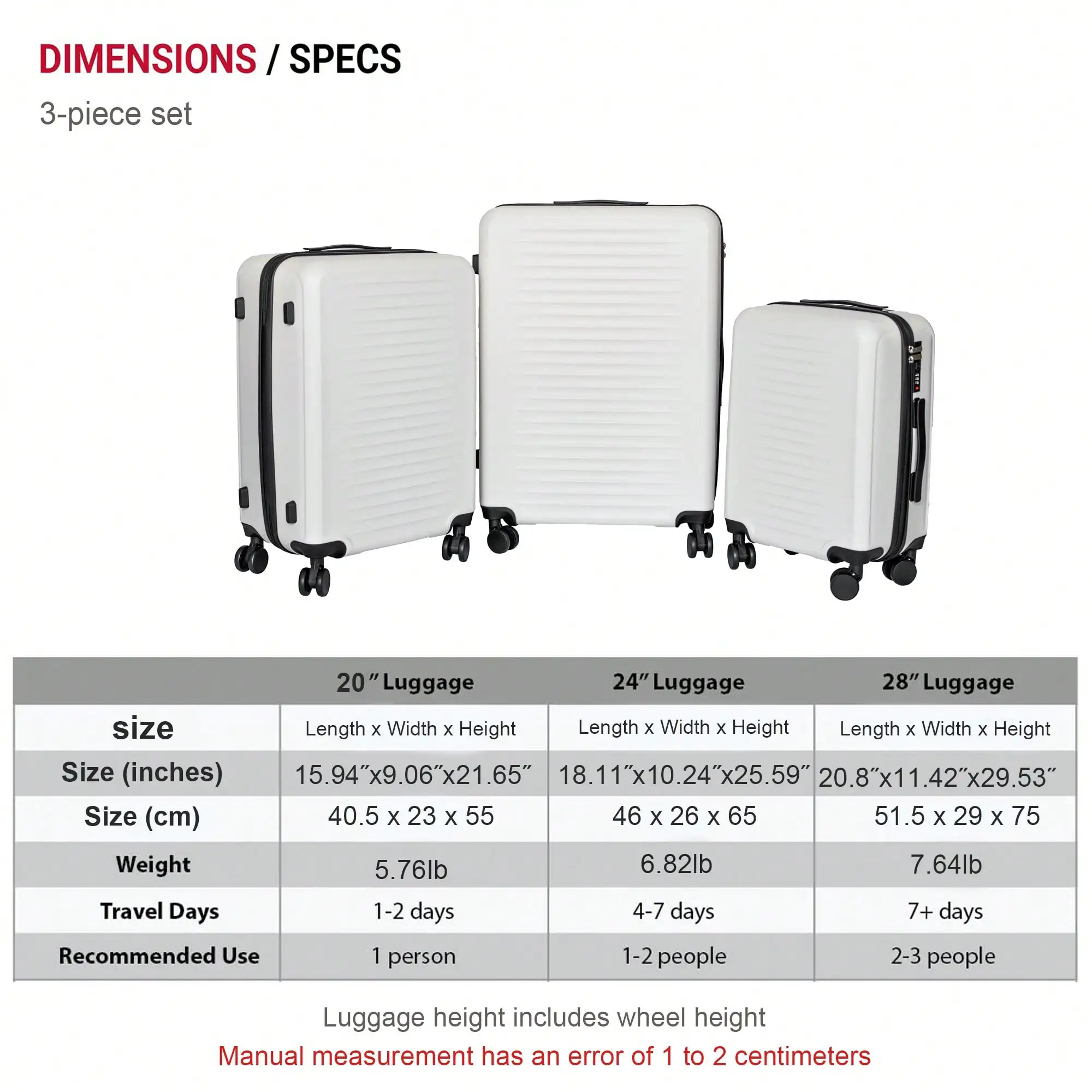 3 Piece Luggage Sets, Hard Shell Lightweight Carry On Suitcase with 360° Spinner Wheels, Durable Rolling Hardside Travel Suitcase Set for Men Women, 20/24/28 Inch Trolley Luggage for Business Vacation Trip