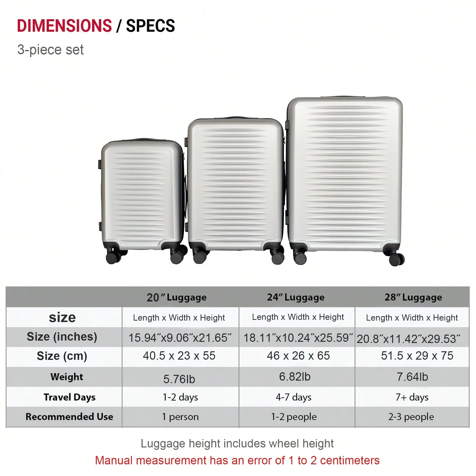 3 Piece Luggage Sets, Hard Shell Lightweight Carry On Suitcase with 360° Spinner Wheels, Durable Rolling Hardside Travel Suitcase Set for Men Women, 20/24/28 Inch Trolley Luggage for Business Vacation Trip